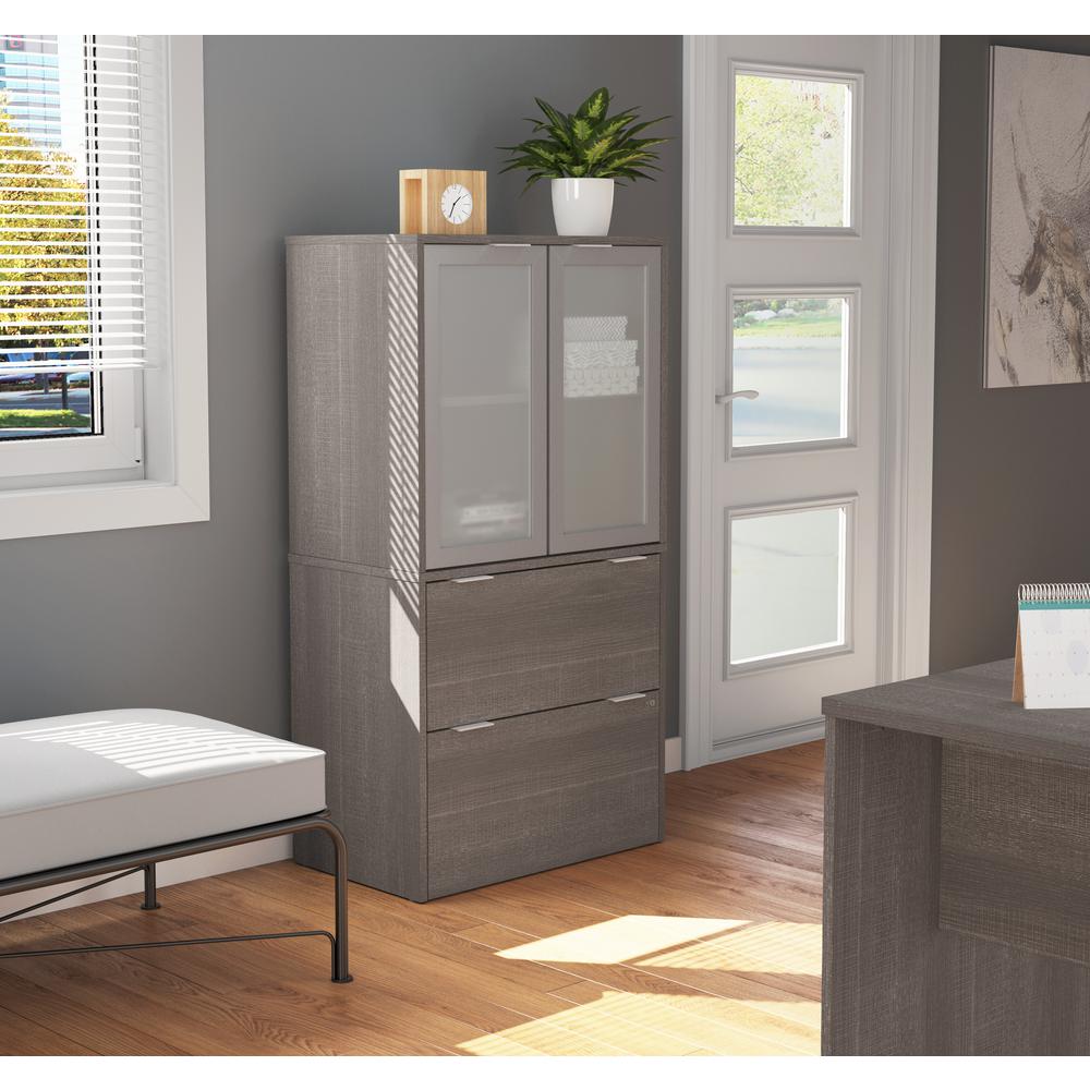 Lateral File Cabinet with Frosted Glass Doors Hutch