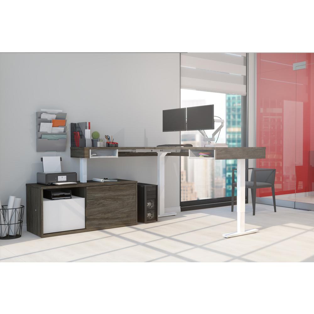 81W L-Shaped Standing Desk with Dual Monitor Arm and Credenza