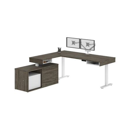 81W L-Shaped Standing Desk with Dual Monitor Arm and Credenza