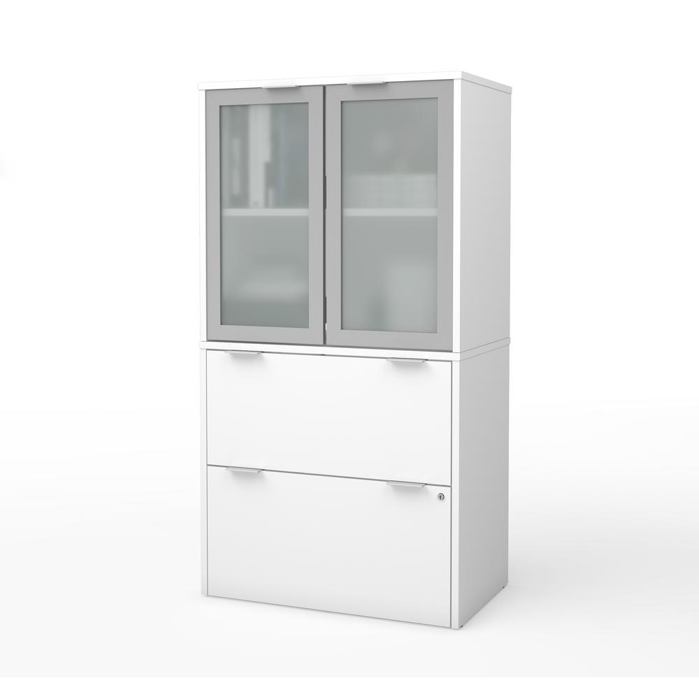 Lateral File Cabinet with Frosted Glass Doors Hutch