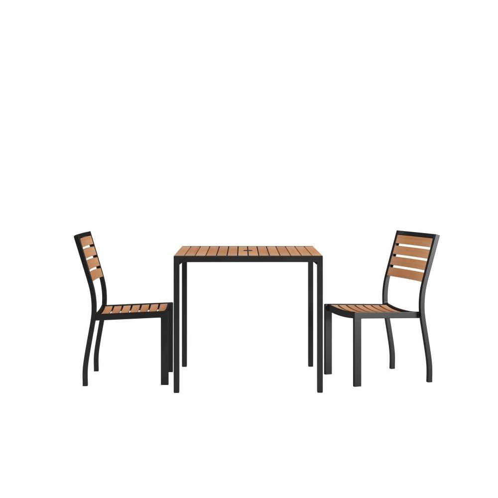 3 Piece Patio Table Set - Synthetic Teak Poly Slats - 35" Square Steel Framed Table with 2 Stackable Faux Teak Chairs