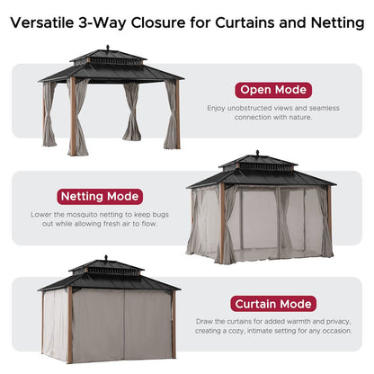 12 ft x 10 ft Hardtop Gazebo with Steel Roof, Woodgrain Aluminum Frame