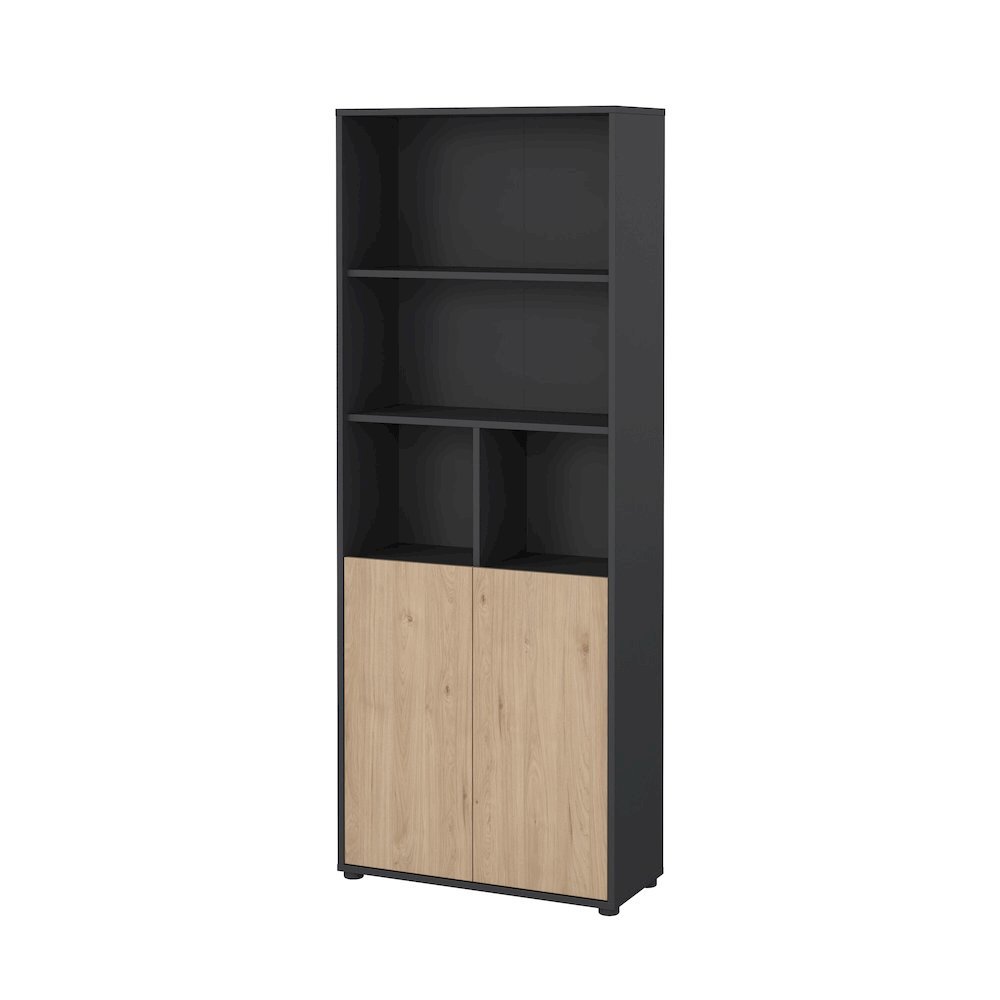 Gray 6-Shelf Bookshelf with 2 Doors for Office, Bedroom, or Living Room