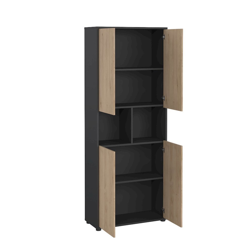 Gray 6-Shelf Bookcase with 4 Doors and Adjustable Storage Shelves