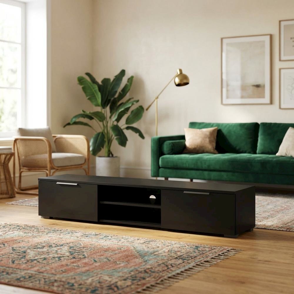 Black Matte TV Stand with 2 Drawers and 1 Shelf for Living Room