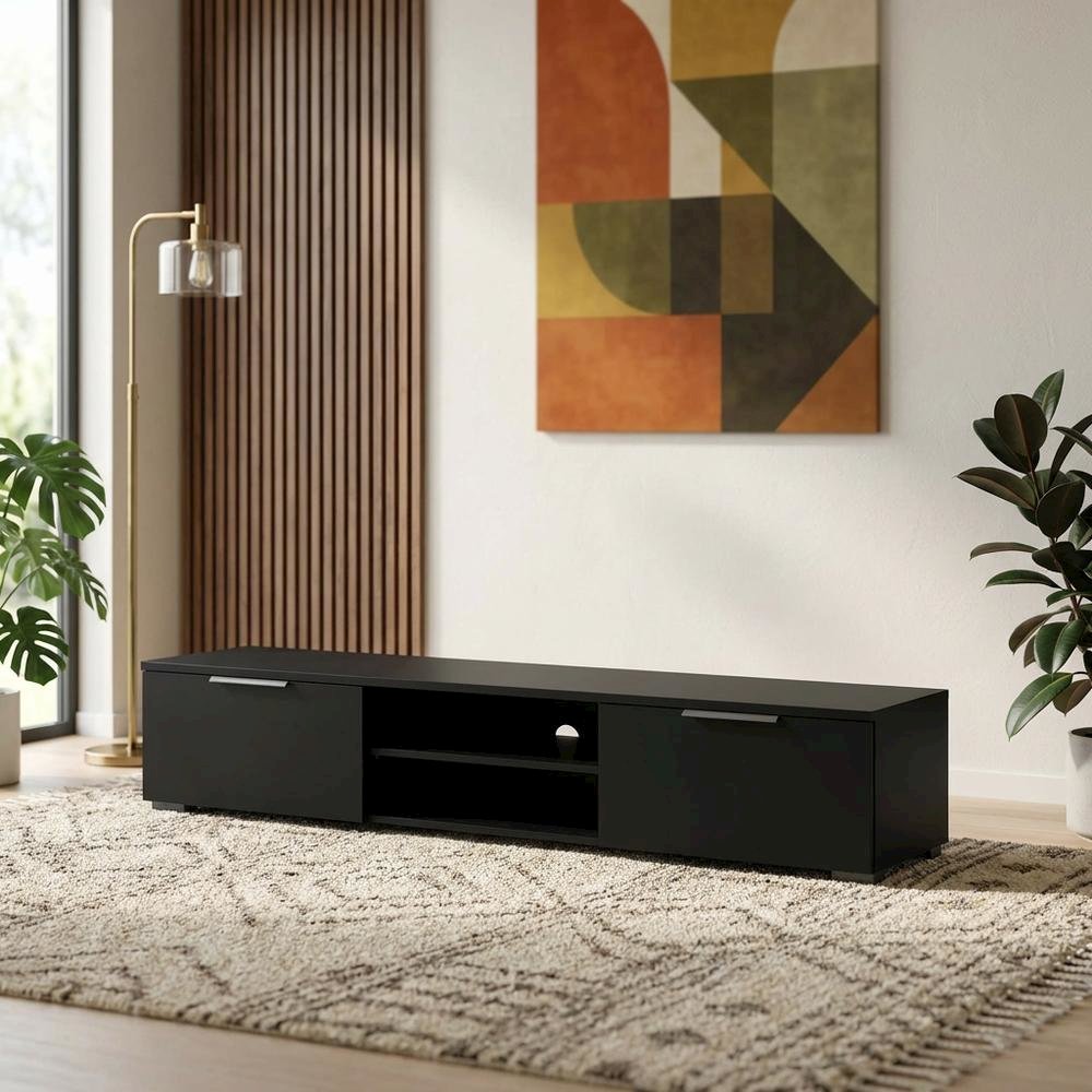 Black Matte TV Stand with 2 Drawers and 1 Shelf for Living Room