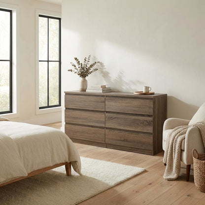 Elegant Truffle Oak Double Dresser with Six Spacious Drawers for Storage