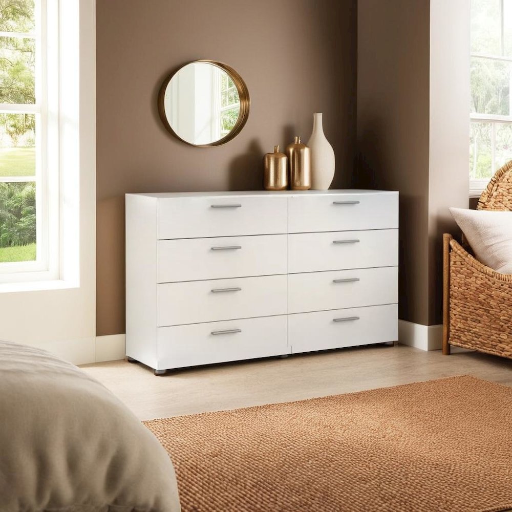Sleek White Double Dresser with Eight Spacious Drawers for Bedroom Storage