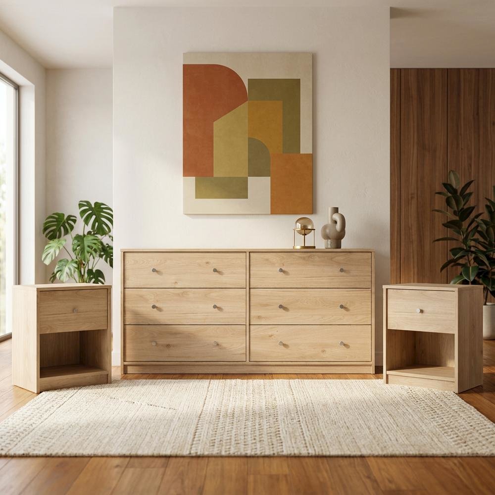 Three-Piece Bedroom Set with Double Dresser and Nightstands, Timeless Design