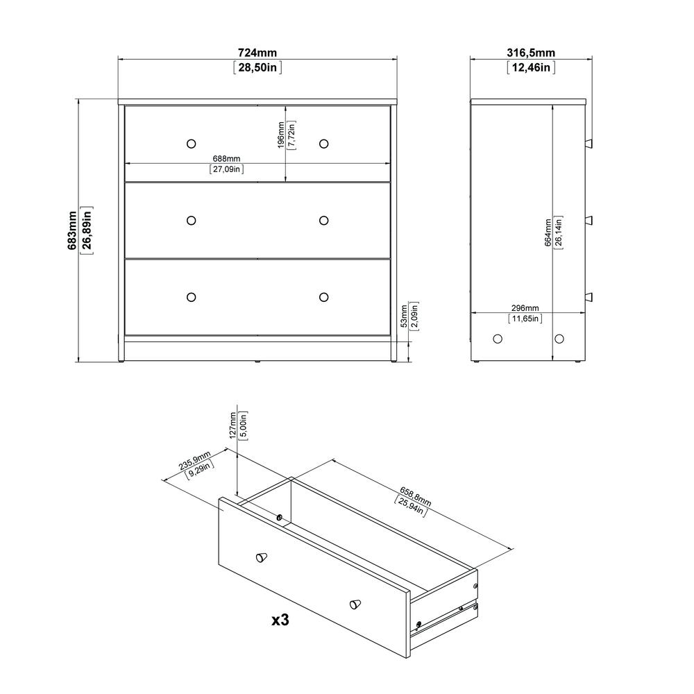 Portland 3 Drawer Chest, White