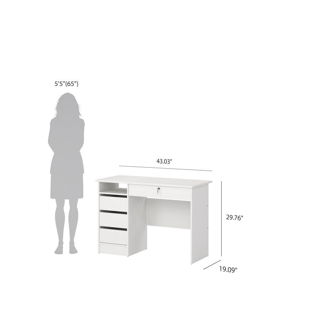 Sleek White Computer Desk with Three Drawers and Open Shelf for Storage