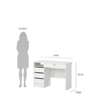 Sleek White Computer Desk with Three Drawers and Open Shelf for Storage