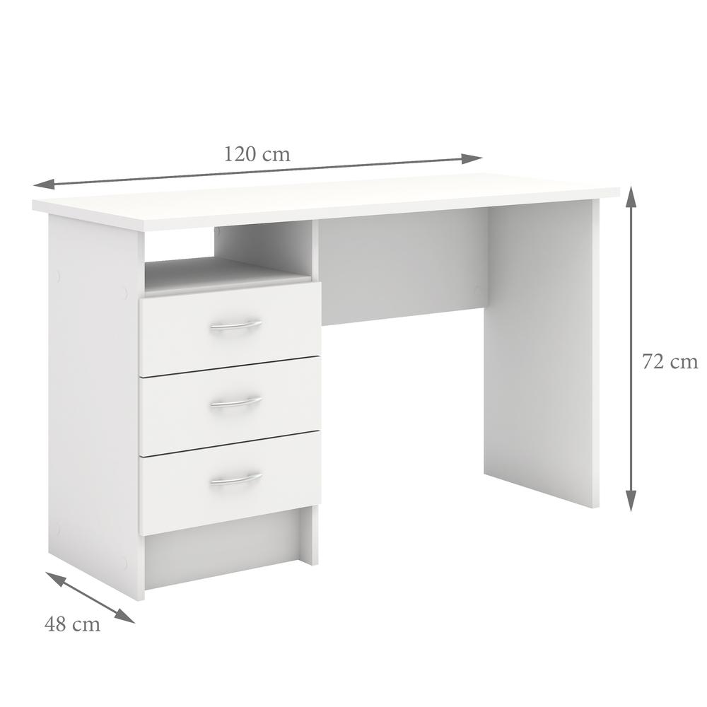 Sleek White Computer Desk with Three Drawers and Open Shelf for Storage