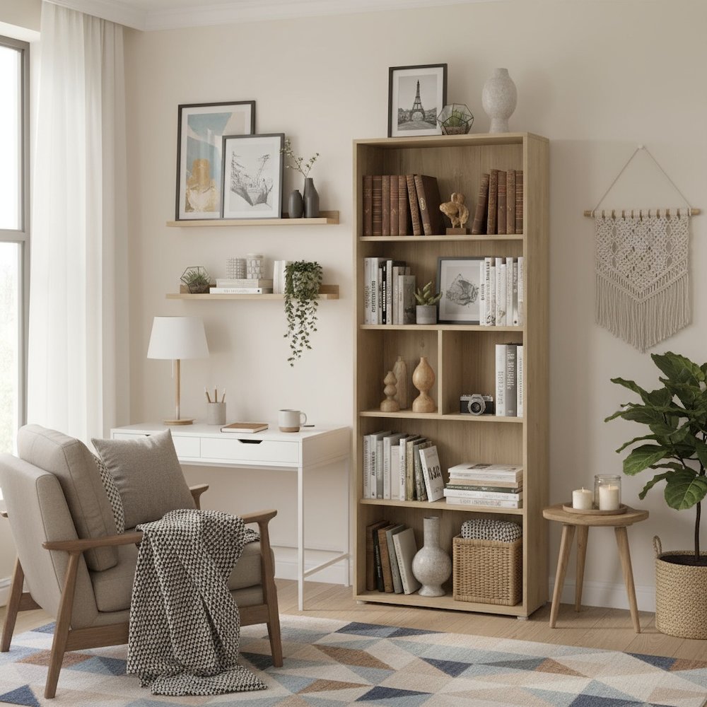 Brown 6-Shelf Bookcase with Adjustable Storage Shelves for Office Use