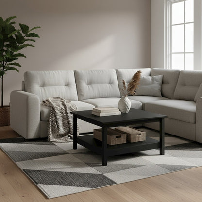 Modern Black Matte Coffee Table with Open Shelf for Living Room