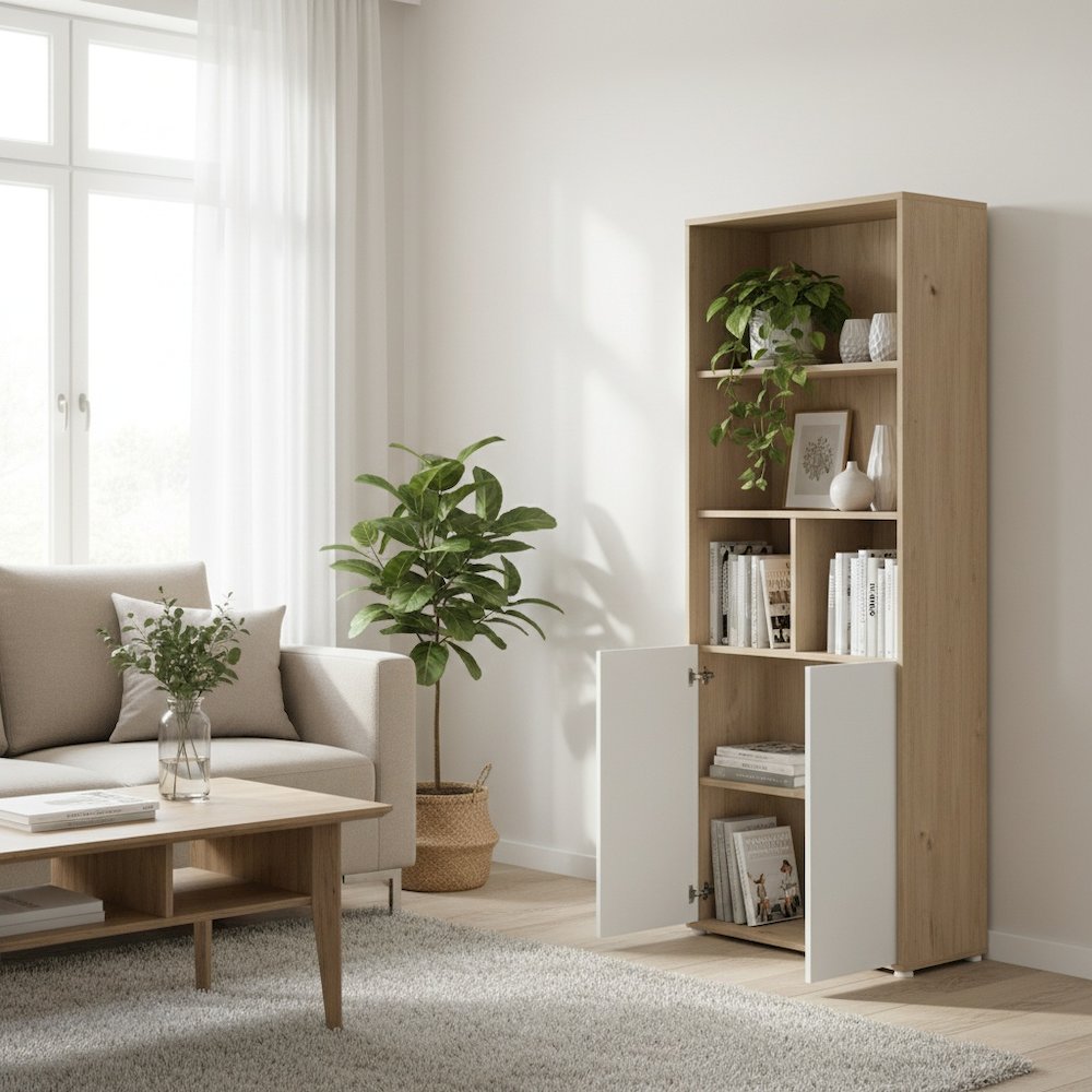 Brown 6-Shelf Bookcase with 2 Doors for Home Office or Living Room