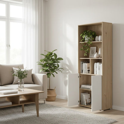 Brown 6-Shelf Bookcase with 2 Doors for Home Office or Living Room