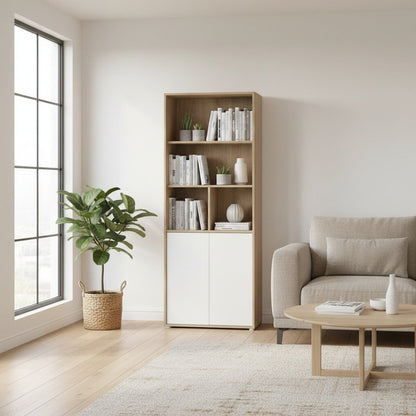 Brown 6-Shelf Bookcase with 2 Doors for Home Office or Living Room