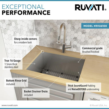 Ruvati 23" x 18" x 12" Deep Laundry Utility Sink Undermount 16 Gauge