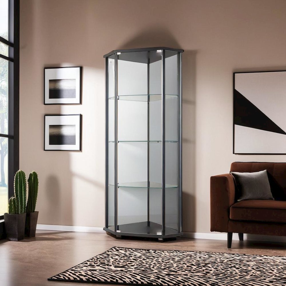 Sophisticated Black Glass Shelf Curio Cabinet with Clear Glass Doors
