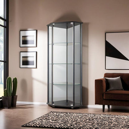 Sophisticated Black Glass Shelf Curio Cabinet with Clear Glass Doors