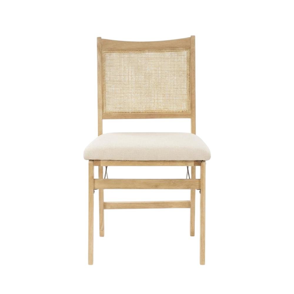 Beige Rattan Cane Folding Dining Side Chair with Polyester Fabric Seat