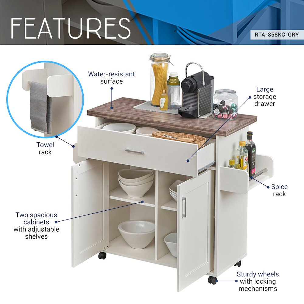 Techni Home Deluxe Mobile Kitchen Island Cart with Water Resistant Top