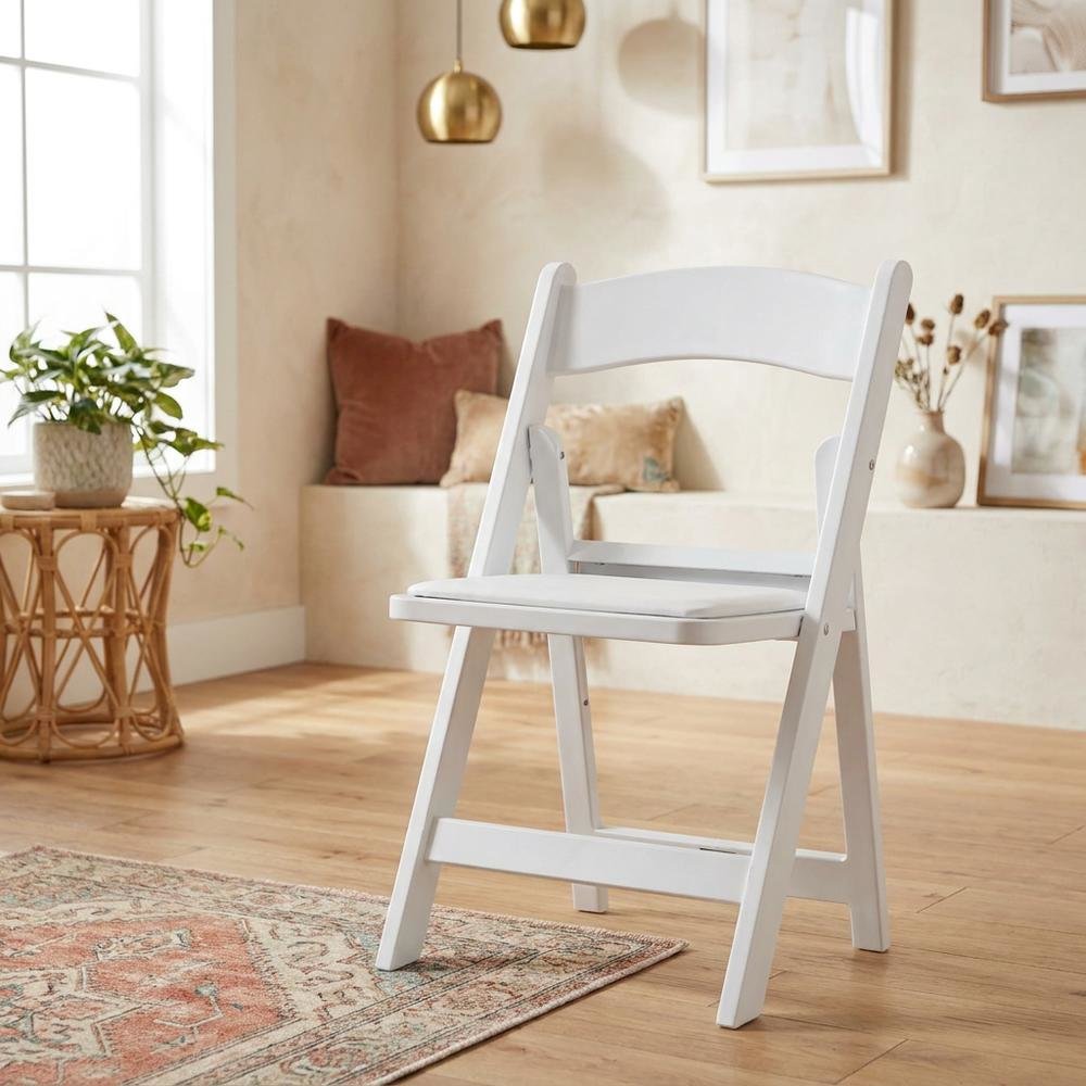 White Resin Folding Chairs Set of 4, Padded Seat, Stackable Indoor Outdoor