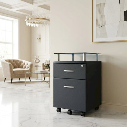 Graphite Rolling File Cabinet with Glass Top for Office Storage