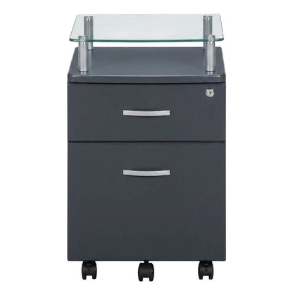Graphite Rolling File Cabinet with Glass Top for Office Storage