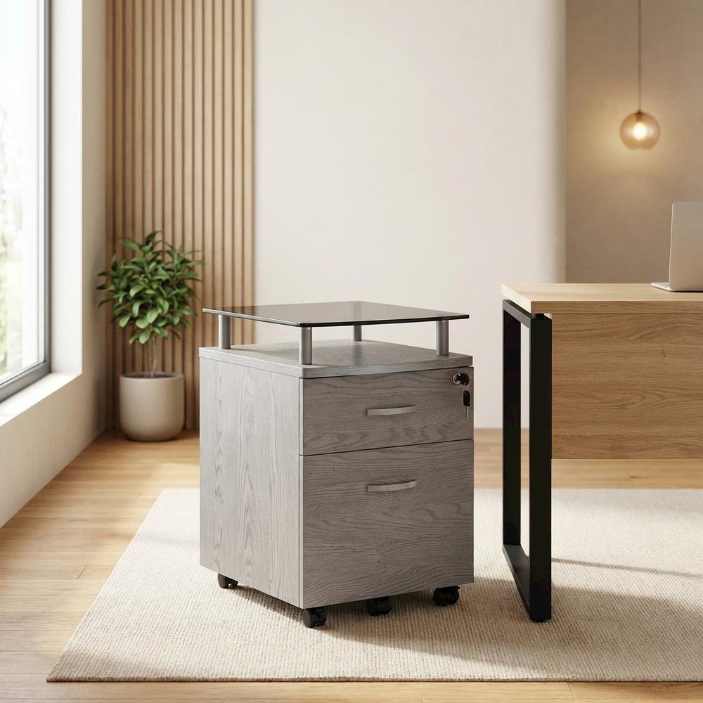 Grey Rolling File Cabinet with Glass Top and Smooth Mobility for Home or Office