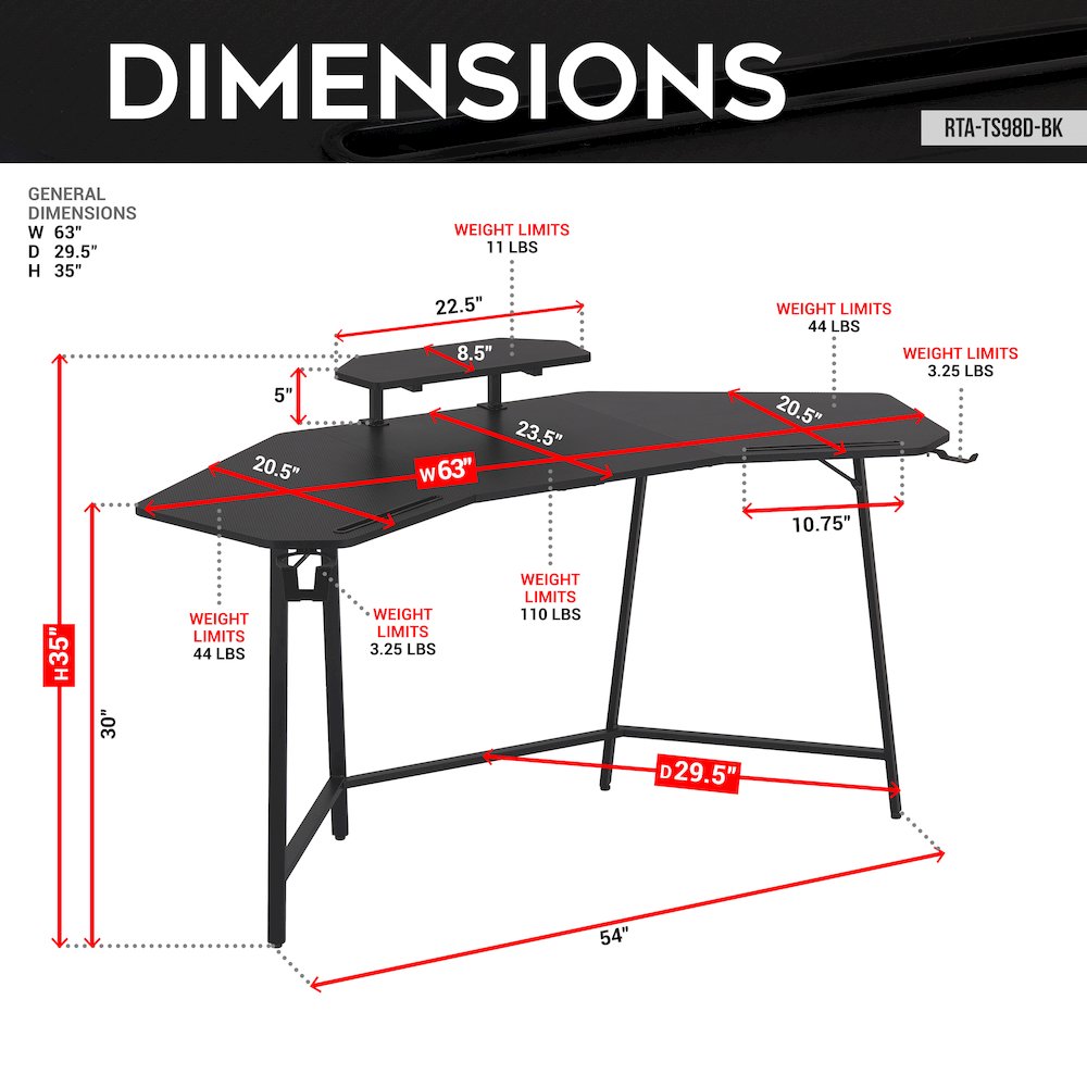 Gaming Desk with Shelf & Accessory Holders, Black