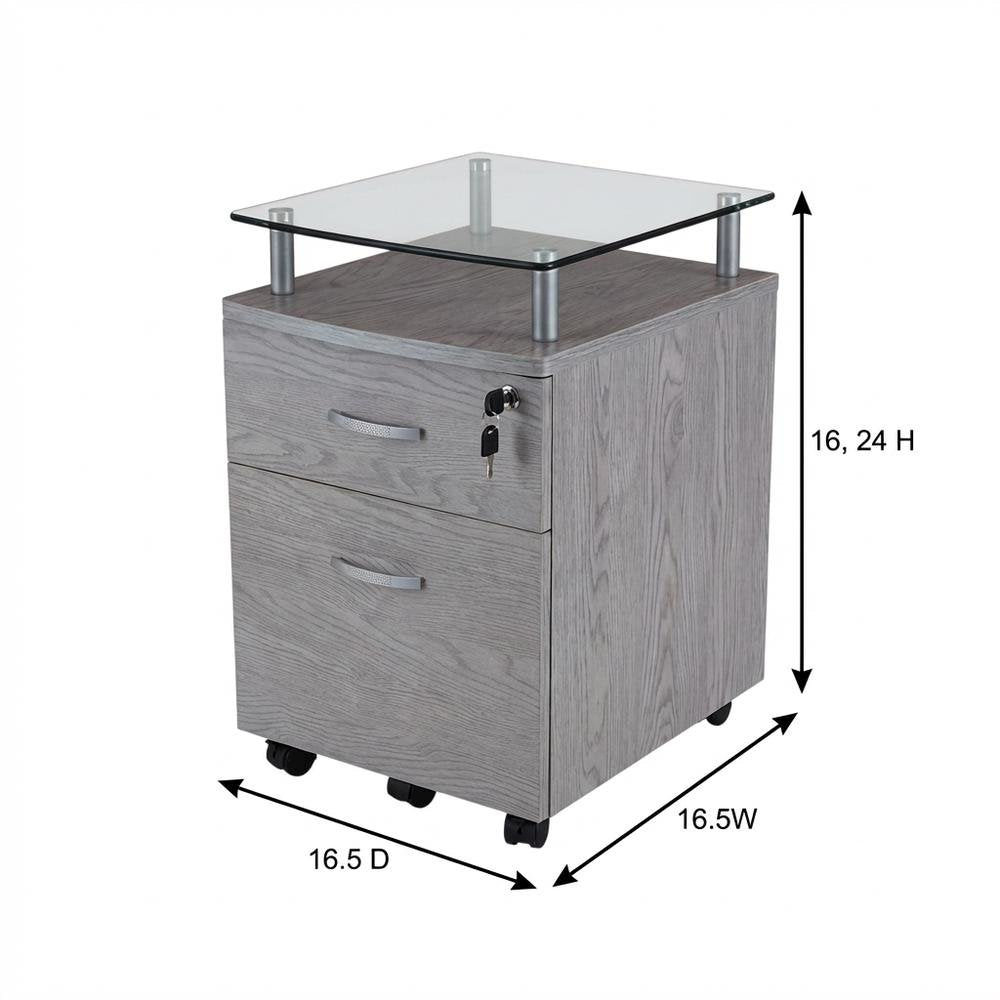 Grey Rolling File Cabinet with Glass Top and Smooth Mobility for Home or Office
