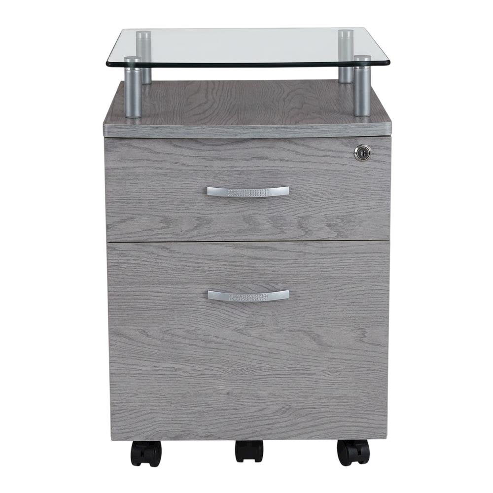 Grey Rolling File Cabinet with Glass Top and Smooth Mobility for Home or Office