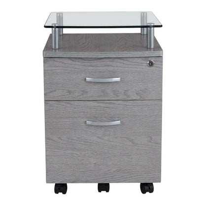 Grey Rolling File Cabinet with Glass Top and Smooth Mobility for Home or Office