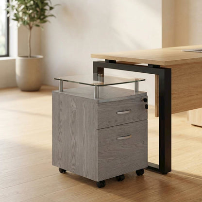 Grey Rolling File Cabinet with Glass Top and Smooth Mobility for Home or Office
