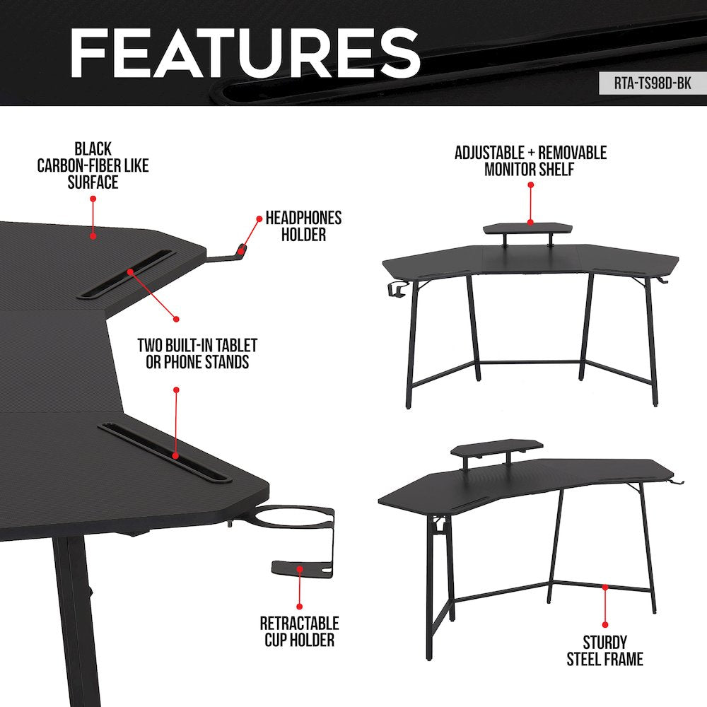 Gaming Desk with Shelf & Accessory Holders, Black