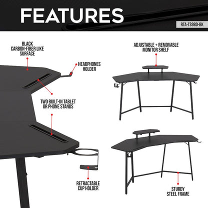 Gaming Desk with Shelf & Accessory Holders, Black