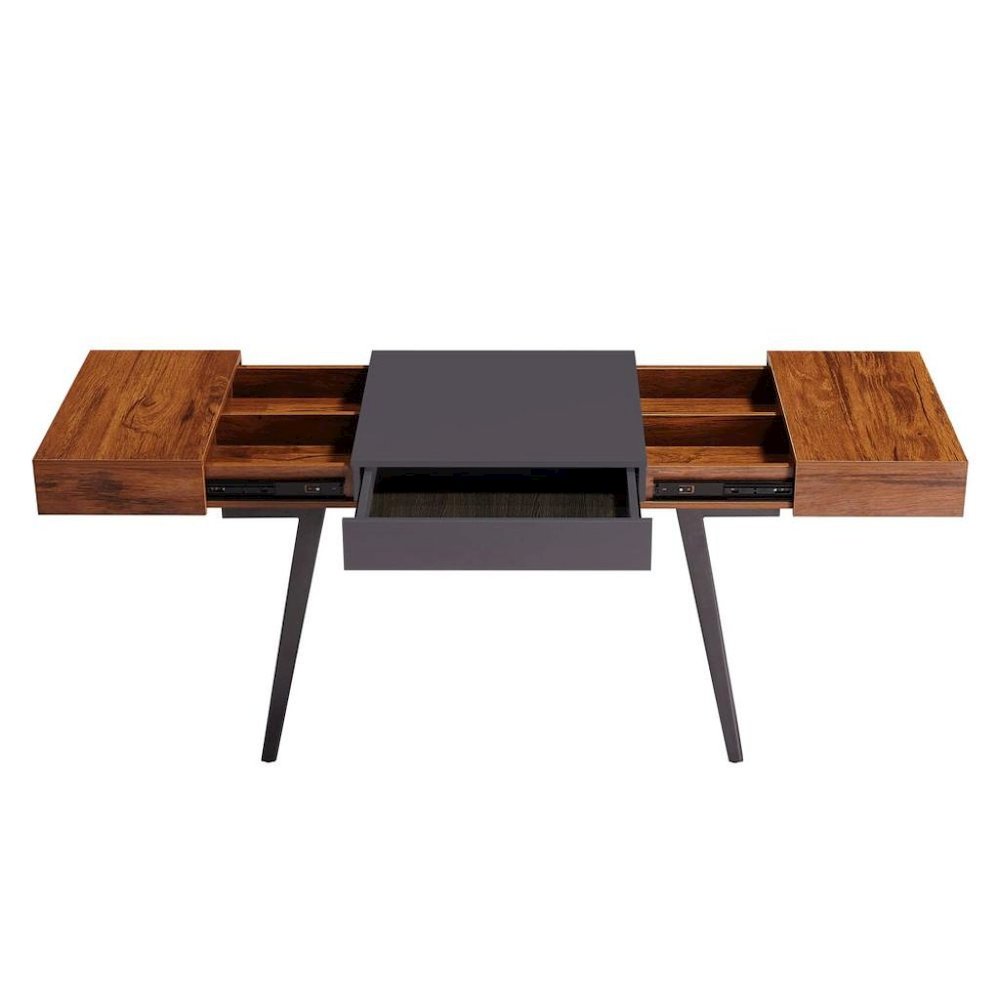 Black And Mahogany Wood Desk With Drawers, Metal Writing Table Design
