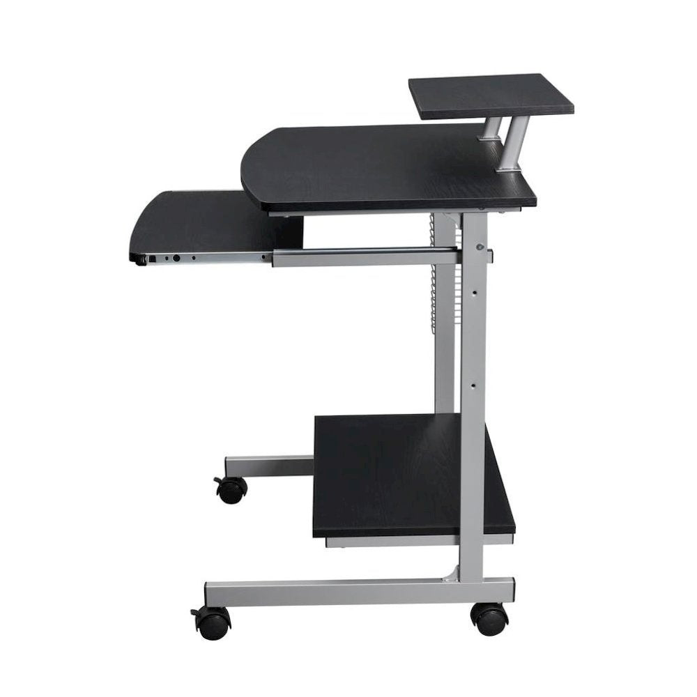 Brown Portable Computer Cart With Keyboard Shelf, Media Rack And Wheels