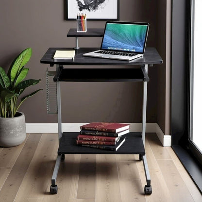 Brown Portable Computer Cart With Keyboard Shelf, Media Rack And Wheels