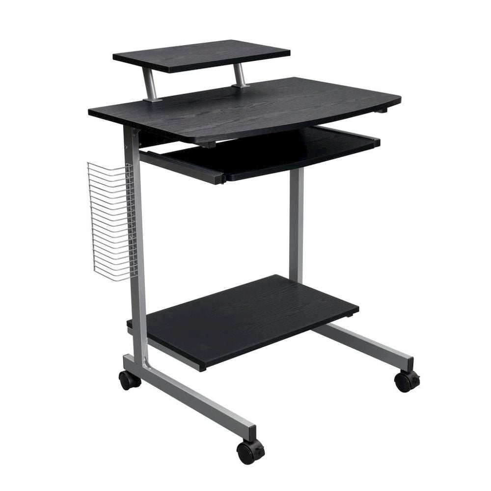 Brown Portable Computer Cart With Keyboard Shelf, Media Rack And Wheels