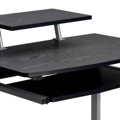 Brown Portable Computer Cart With Keyboard Shelf, Media Rack And Wheels