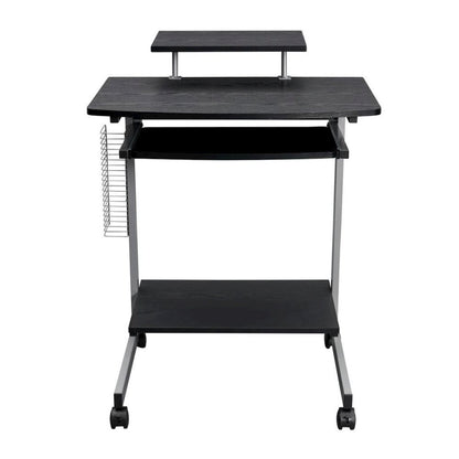 Brown Portable Computer Cart With Keyboard Shelf, Media Rack And Wheels