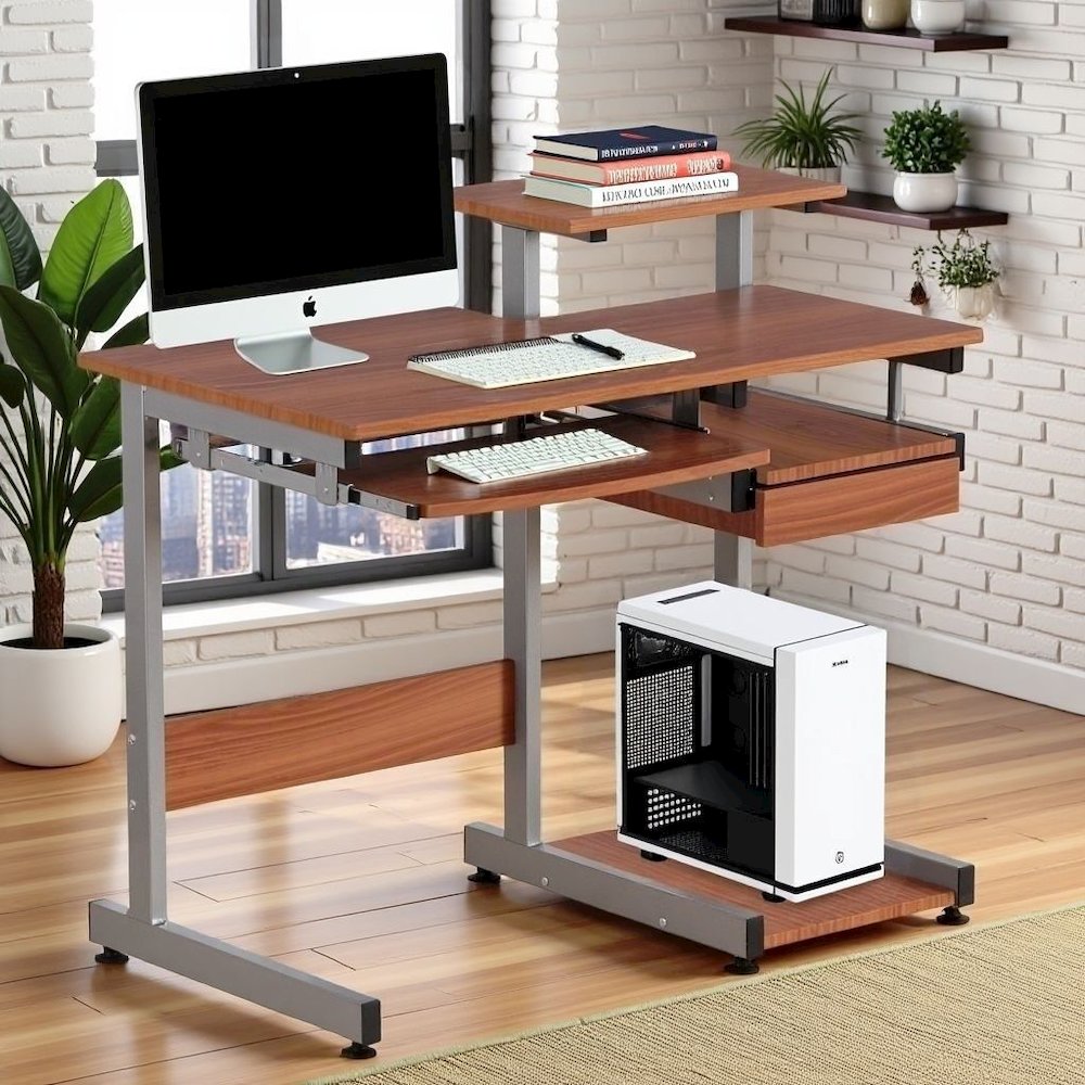 Brown Sturdy Desk With Drawer And 4 Shelves, Heavy Duty Executive Table