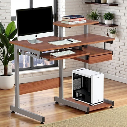 Brown Sturdy Desk With Drawer And 4 Shelves, Heavy Duty Executive Table