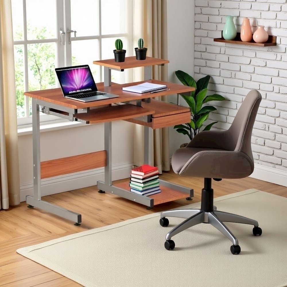 Brown Sturdy Desk With Drawer And 4 Shelves, Heavy Duty Executive Table