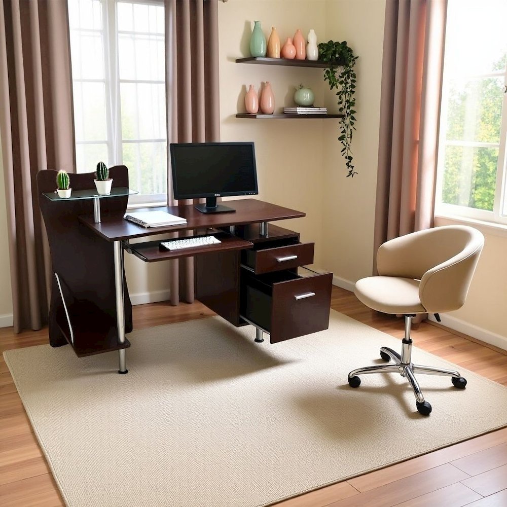 Chocolate Brown Wood Desk With 2 Drawers, CPU Shelf, Home Office Desk