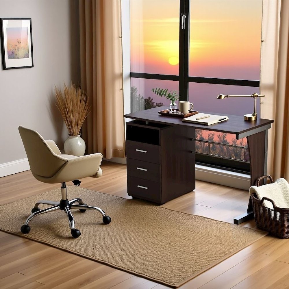 Brown Wood Desk With Storage And 3 Drawers, Office Table With Steel Frame Design