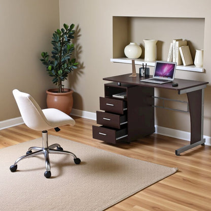 Brown Wood Desk With Storage And 3 Drawers, Office Table With Steel Frame Design